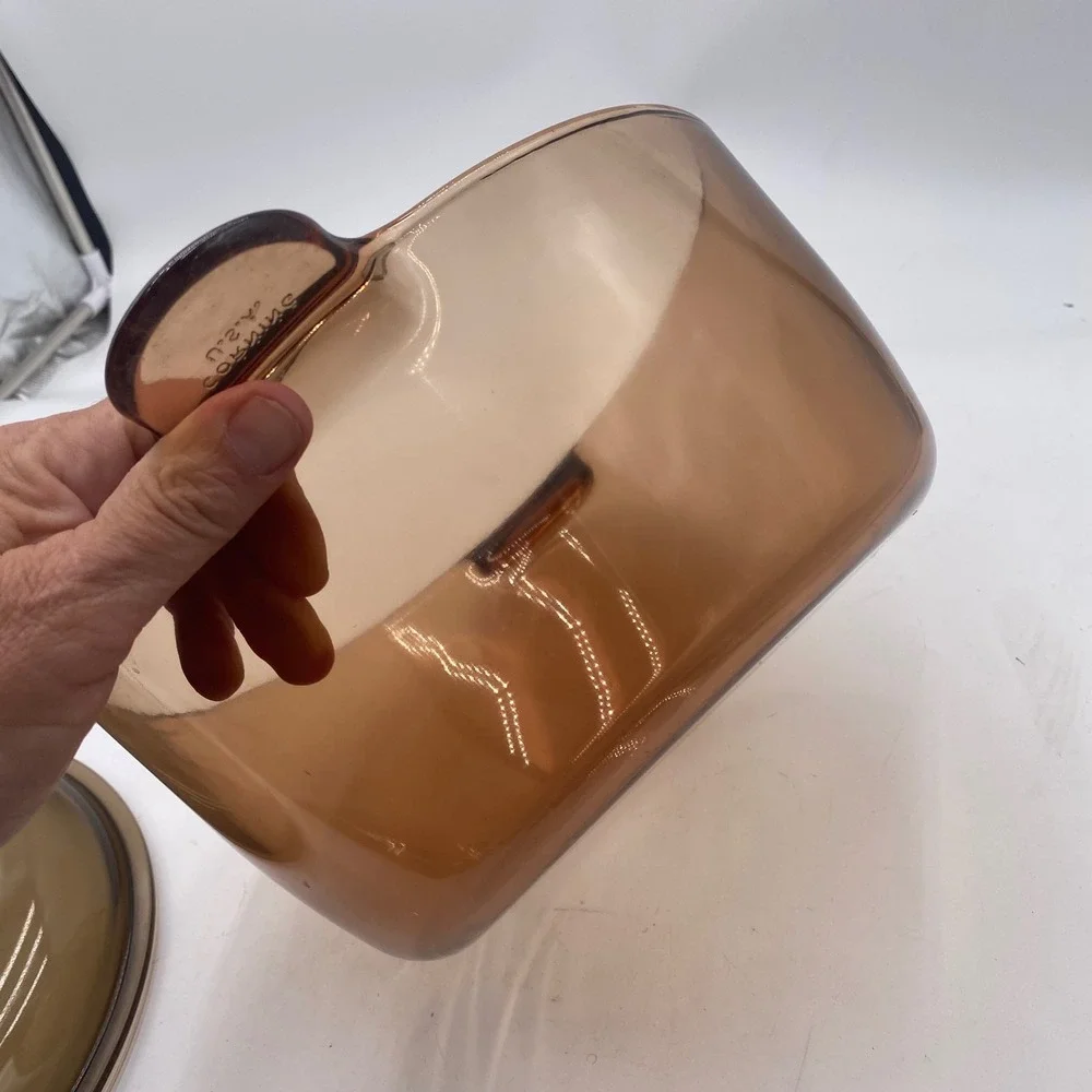 Corning Vision Amber Glass 4.5L Dutch Oven Stock Pot Pyrex Lid USA Vintage Brown
